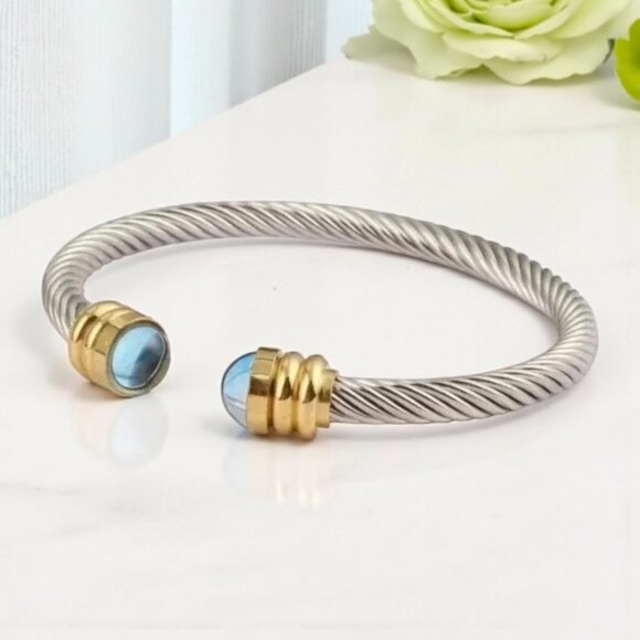 🆕Minimalist Rope Cuff Bangle 18K Gold Plated Stainless Steel Blue Crystals - Picture 8 of 8